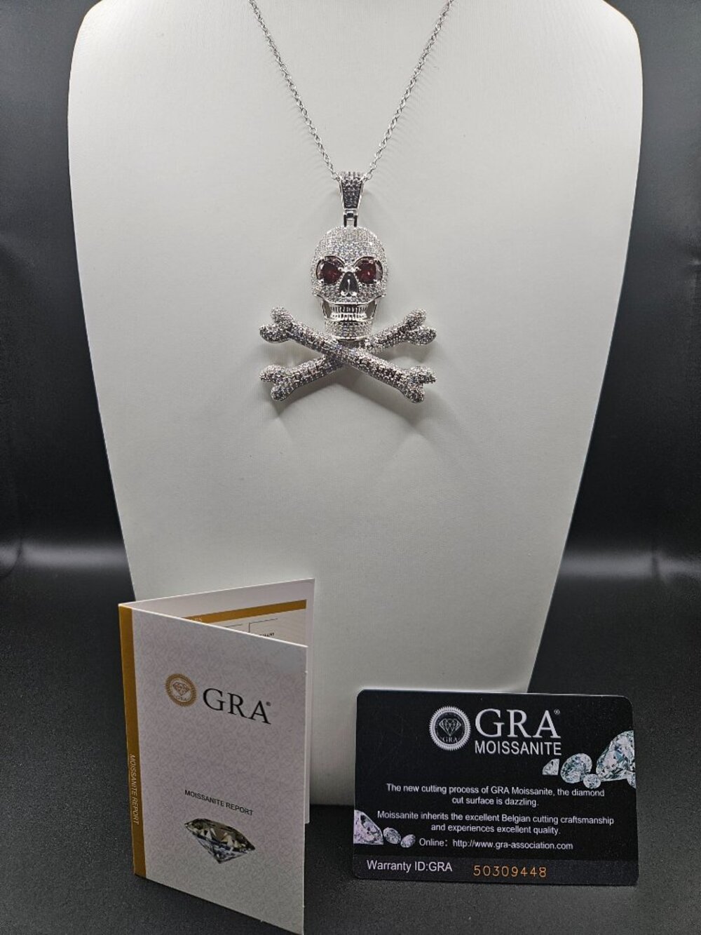 Moissanite Garnet Eye Skull Crossbones Necklace 7.5ctw Silver Tone 18"